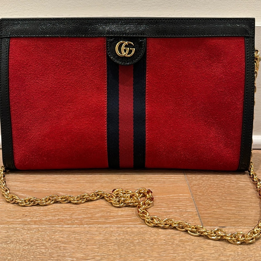 Gucci Ophidia Red Suede with Blue Web Shoulder Bag
